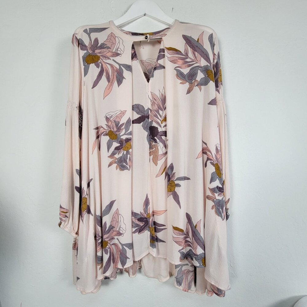 Free People Womens Floral Boho Tunic Top Large Light Pink Long Sleeve Keyhole